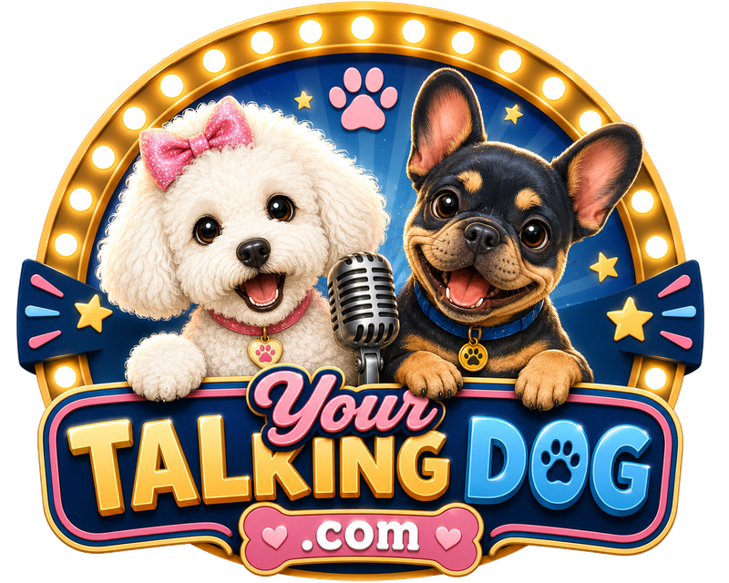 Your Talking Dog logo featuring two dogs at a microphone under marquee lights